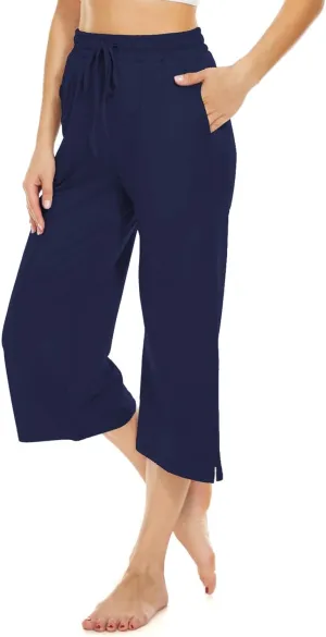 BATHRINS Womens Wide Leg Capri Pants Drawstring Loose Sweatpants Comfy Lounge Pajama Capris with Pockets