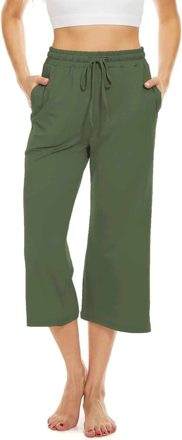 BATHRINS Womens Wide Leg Capri Pants Drawstring Loose Sweatpants Comfy Lounge Pajama Capris with Pockets