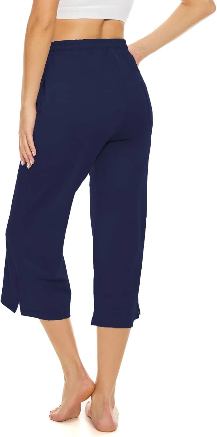 BATHRINS Womens Wide Leg Capri Pants Drawstring Loose Sweatpants Comfy Lounge Pajama Capris with Pockets