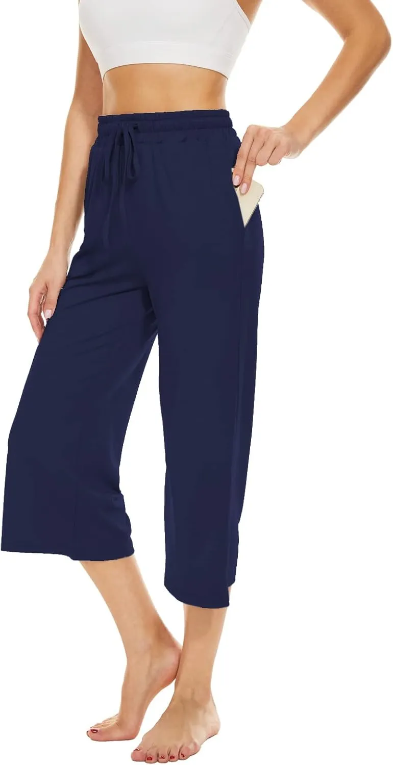 BATHRINS Womens Wide Leg Capri Pants Drawstring Loose Sweatpants Comfy Lounge Pajama Capris with Pockets