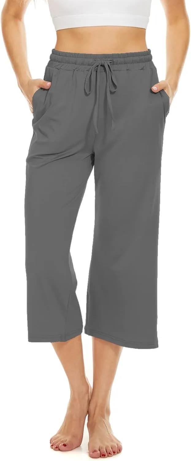 BATHRINS Womens Wide Leg Capri Pants Drawstring Loose Sweatpants Comfy Lounge Pajama Capris with Pockets