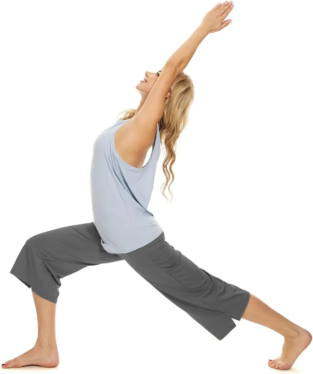 BATHRINS Womens Wide Leg Capri Pants Drawstring Loose Sweatpants Comfy Lounge Pajama Capris with Pockets