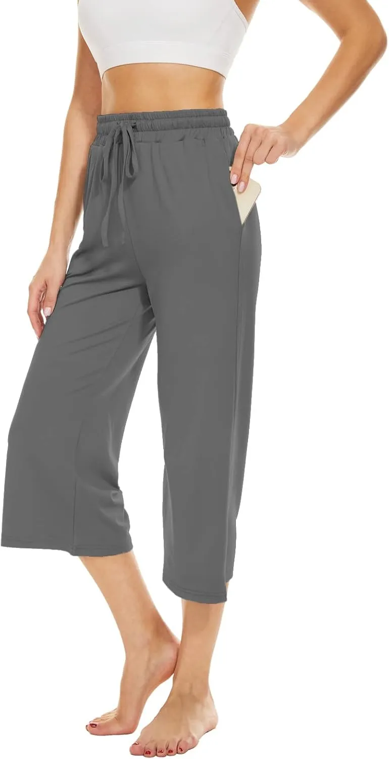 BATHRINS Womens Wide Leg Capri Pants Drawstring Loose Sweatpants Comfy Lounge Pajama Capris with Pockets