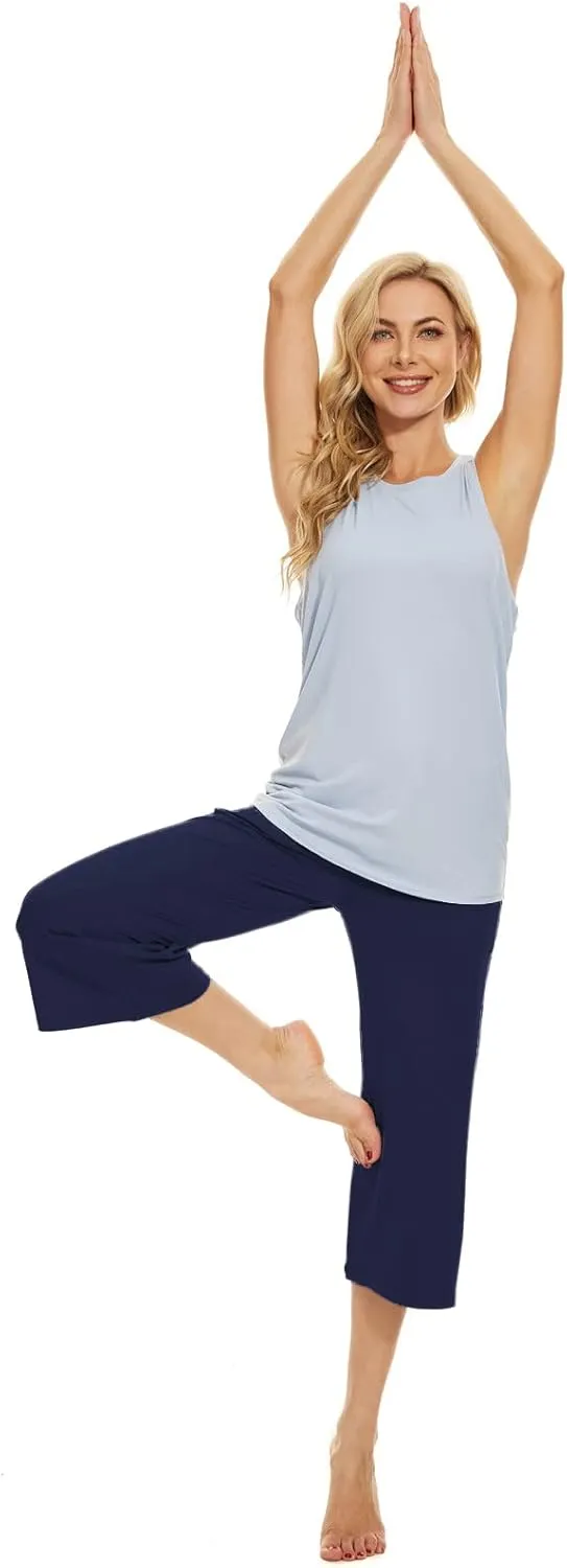 BATHRINS Womens Wide Leg Capri Pants Drawstring Loose Sweatpants Comfy Lounge Pajama Capris with Pockets