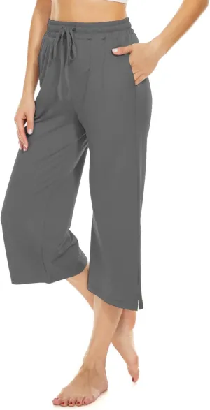 BATHRINS Womens Wide Leg Capri Pants Drawstring Loose Sweatpants Comfy Lounge Pajama Capris with Pockets
