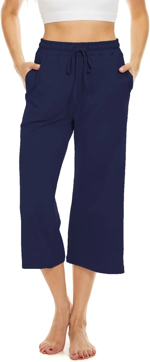 BATHRINS Womens Wide Leg Capri Pants Drawstring Loose Sweatpants Comfy Lounge Pajama Capris with Pockets