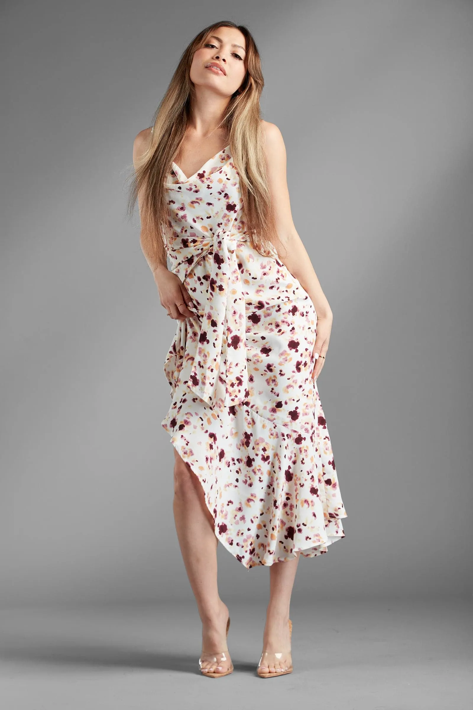Beverly Heights Asymmetrical Ruffle Floral Midi Dress - White/Purple