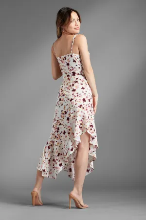 Beverly Heights Asymmetrical Ruffle Floral Midi Dress - White/Purple