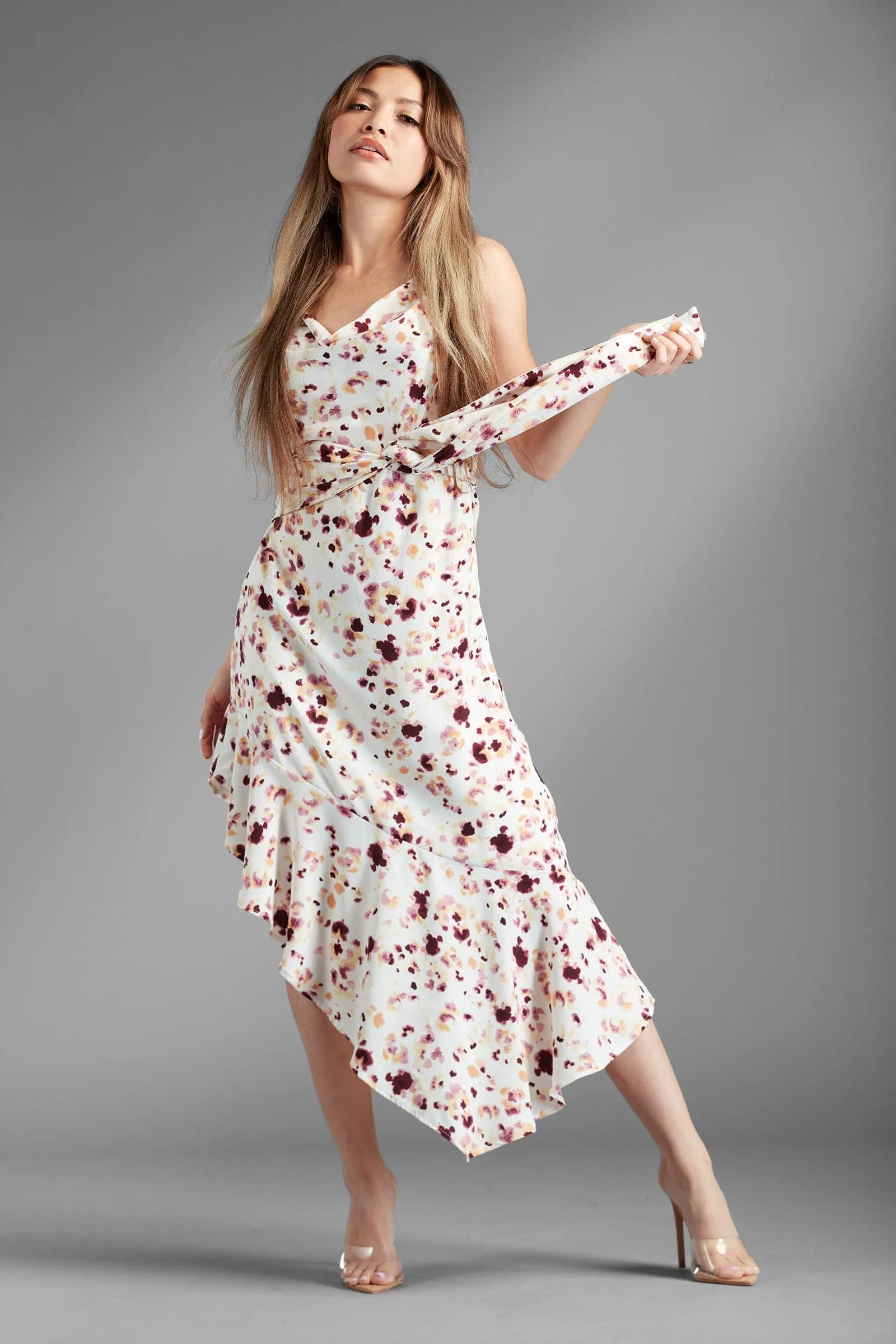 Beverly Heights Asymmetrical Ruffle Floral Midi Dress - White/Purple