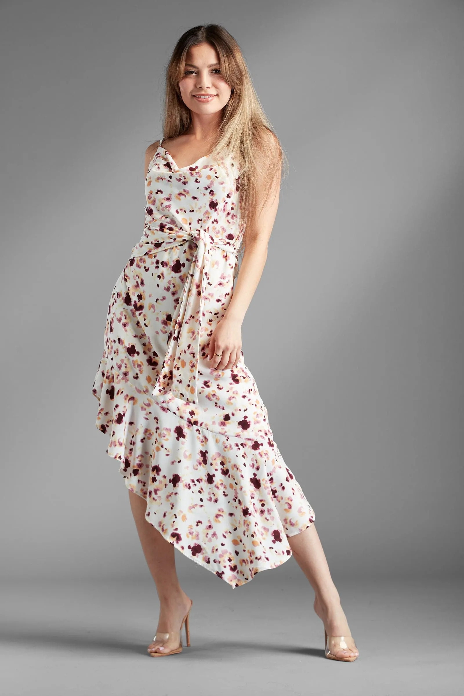 Beverly Heights Asymmetrical Ruffle Floral Midi Dress - White/Purple