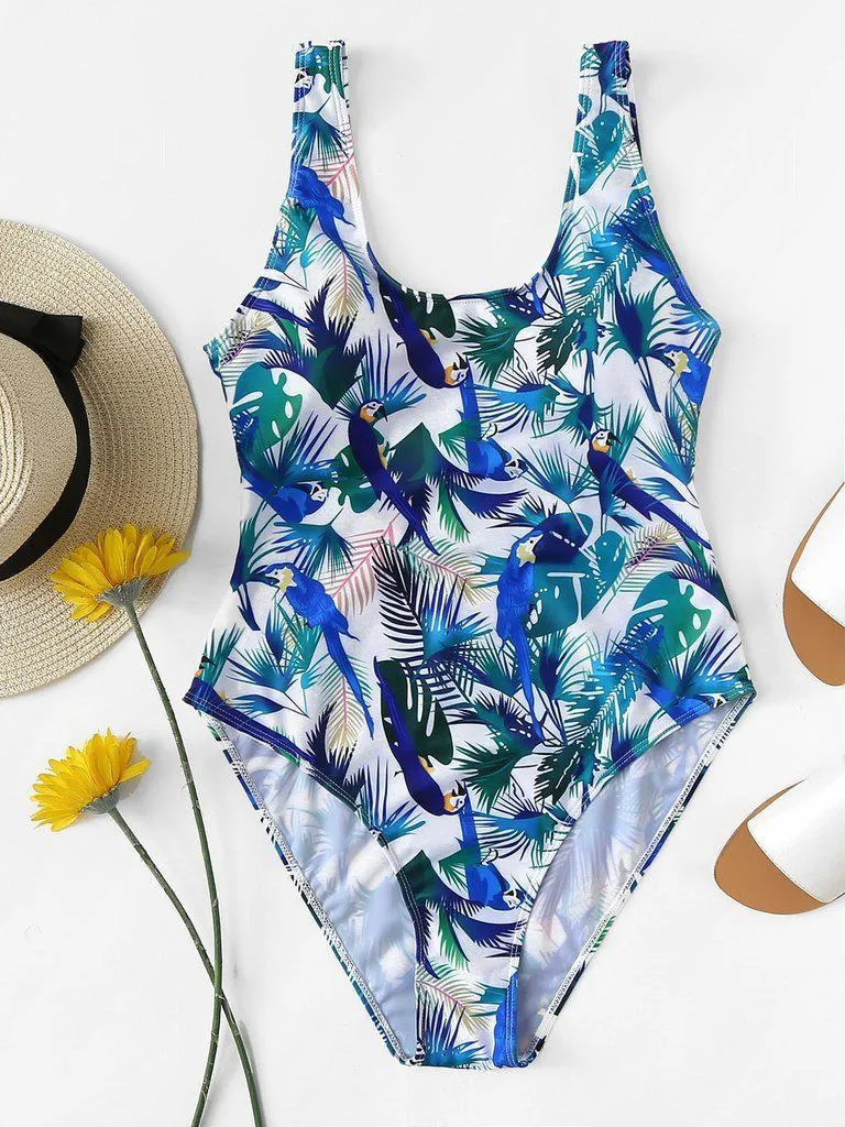 Bird Print Low Back Swimsuit