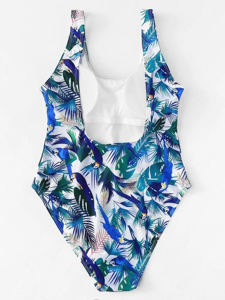 Bird Print Low Back Swimsuit