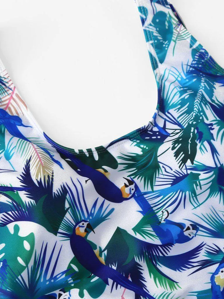 Bird Print Low Back Swimsuit