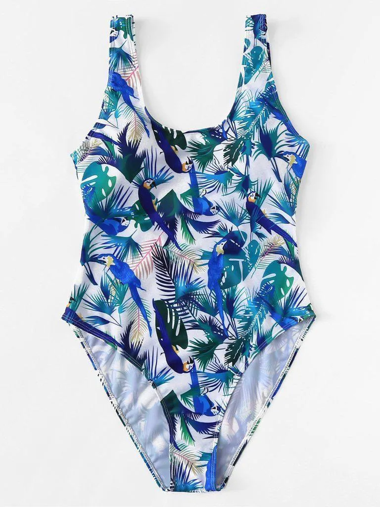 Bird Print Low Back Swimsuit