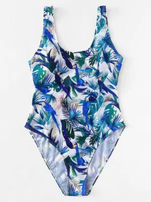 Bird Print Low Back Swimsuit