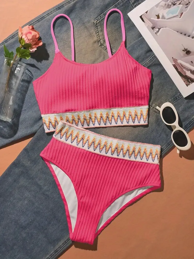 Black Contrast Band Bikini Sets Scoop Neck High Waisted High Cut Two Piece Swimsuit