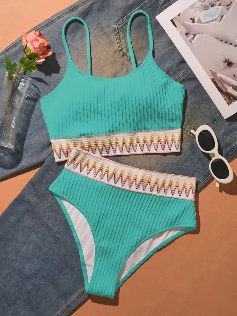 Black Contrast Band Bikini Sets Scoop Neck High Waisted High Cut Two Piece Swimsuit