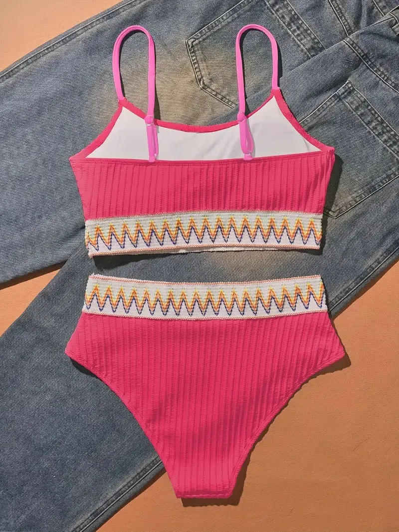 Black Contrast Band Bikini Sets Scoop Neck High Waisted High Cut Two Piece Swimsuit