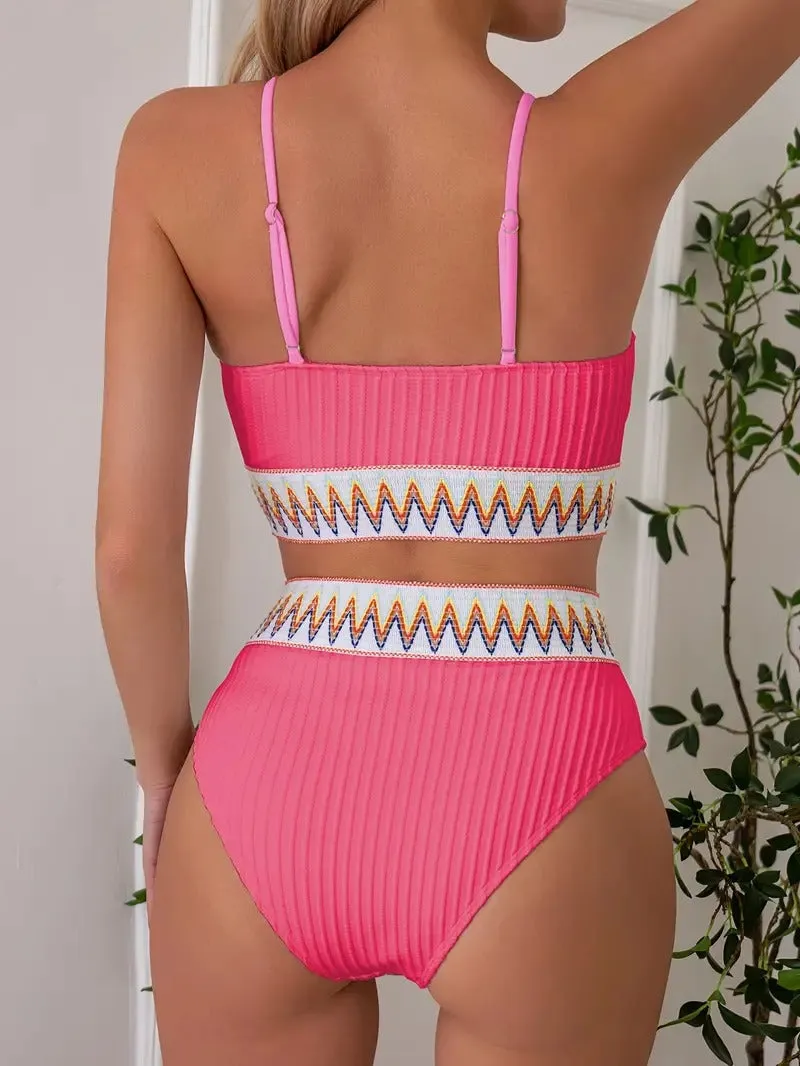 Black Contrast Band Bikini Sets Scoop Neck High Waisted High Cut Two Piece Swimsuit