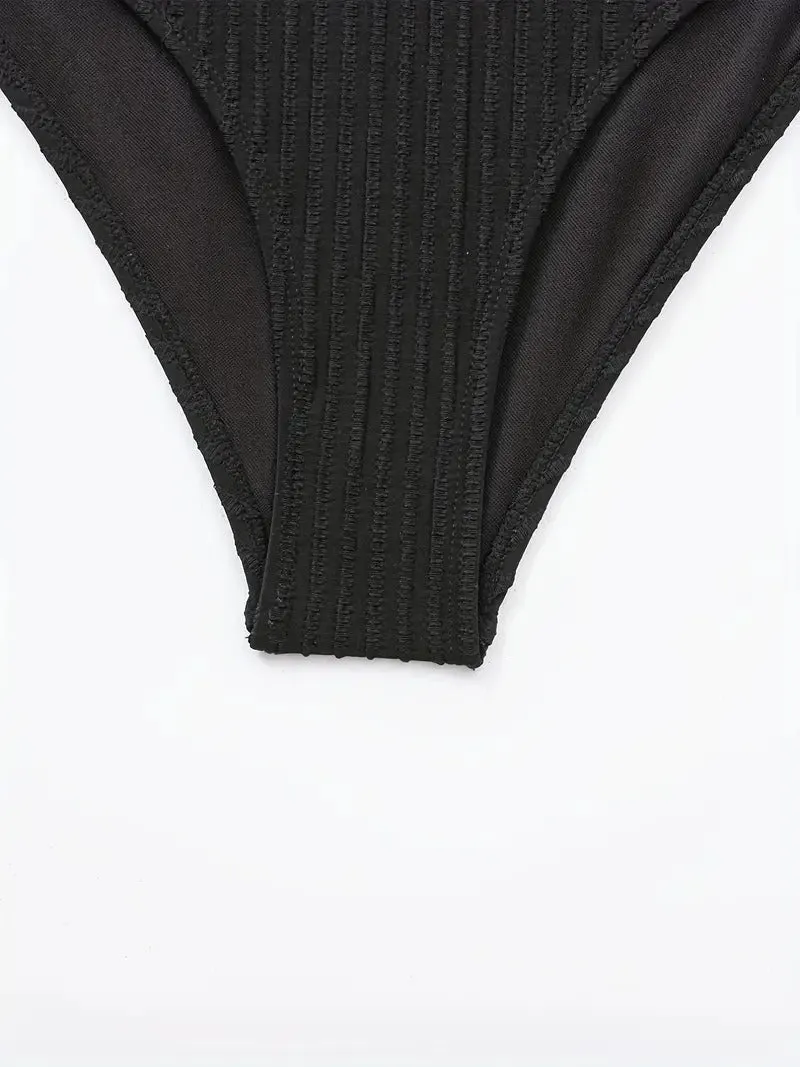 Black Contrast Band Bikini Sets Scoop Neck High Waisted High Cut Two Piece Swimsuit