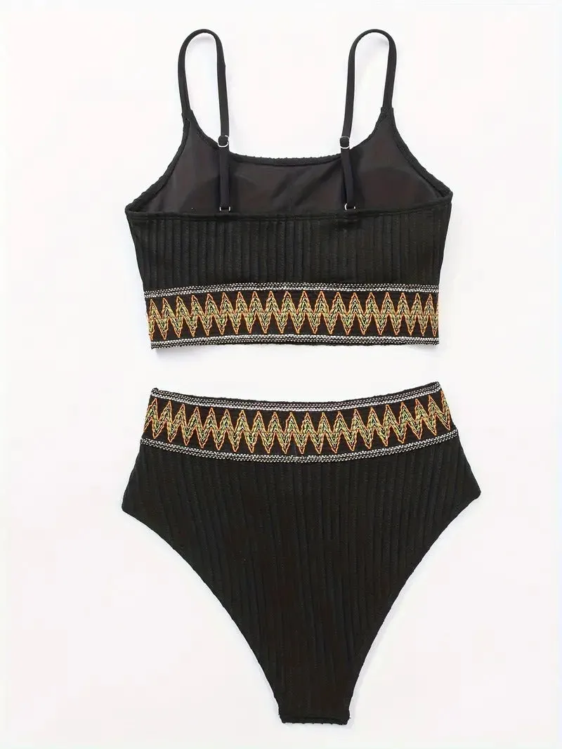 Black Contrast Band Bikini Sets Scoop Neck High Waisted High Cut Two Piece Swimsuit