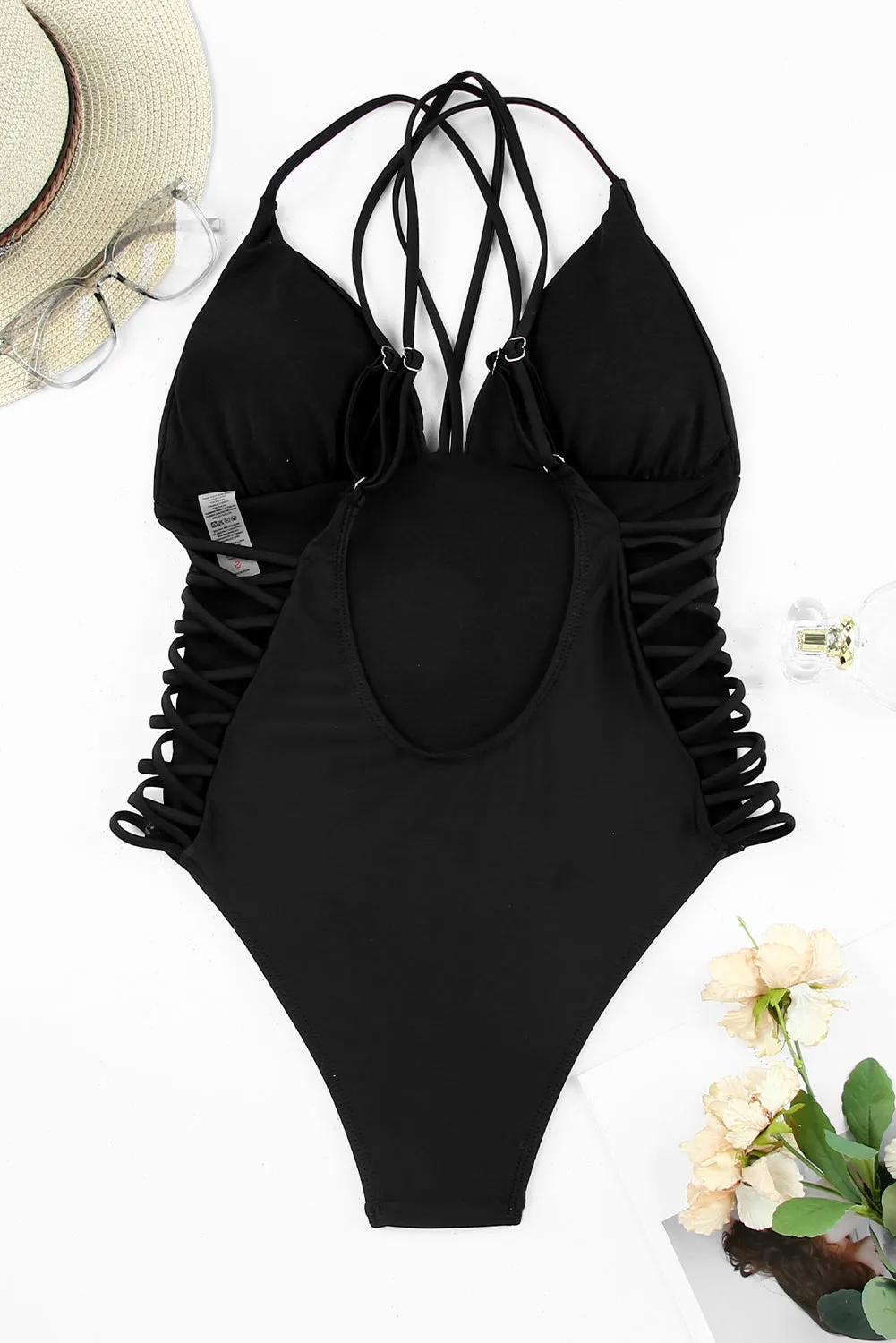 Black Criss-Cross Backless One-Piece Swimsuit
