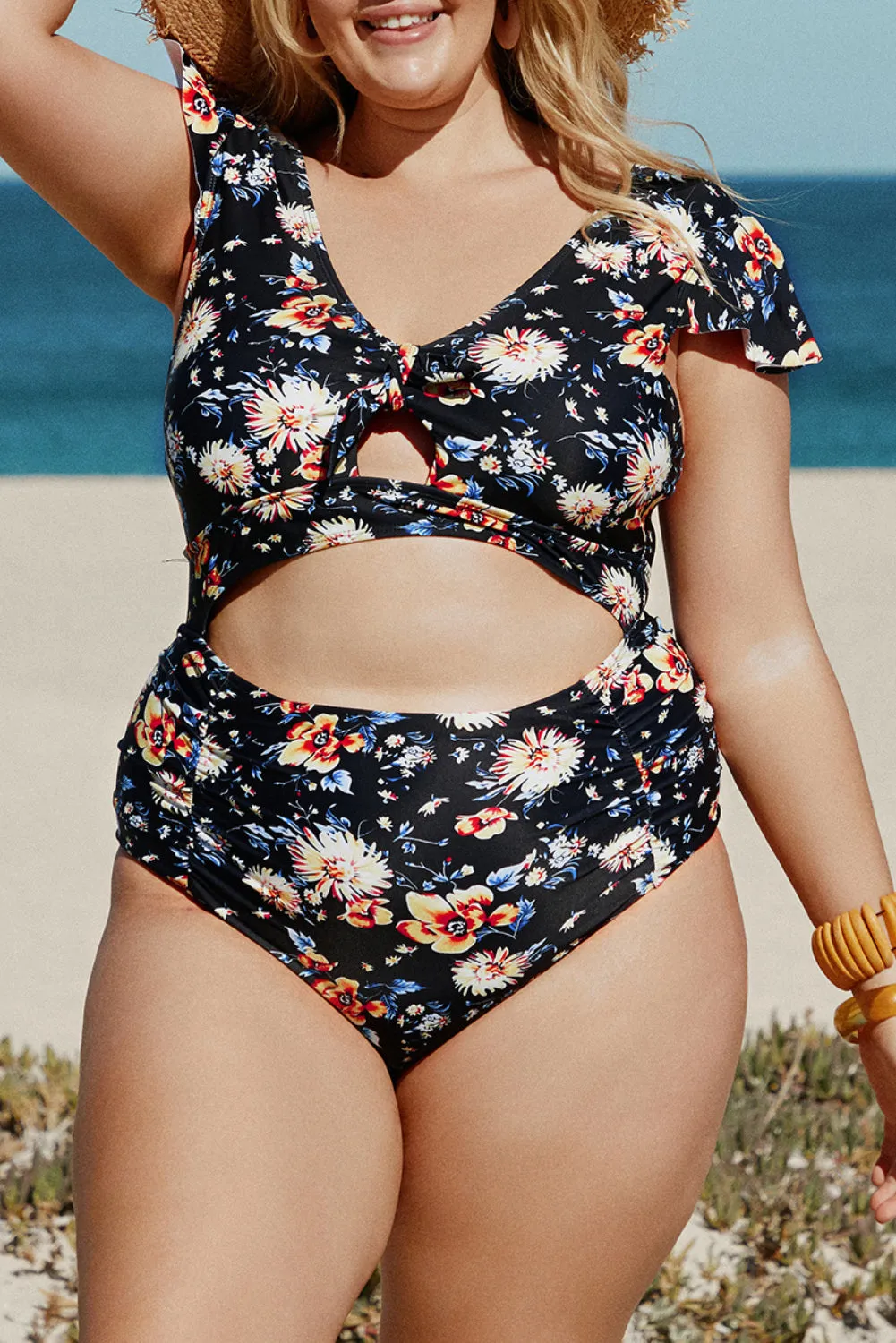Black Floral Cap Sleeve Plus Size Swimsuit
