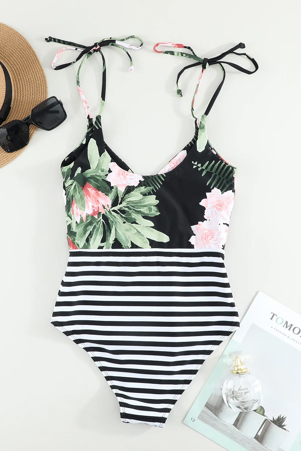 Black Floral Striped Lace-up One-Piece Swimsuit