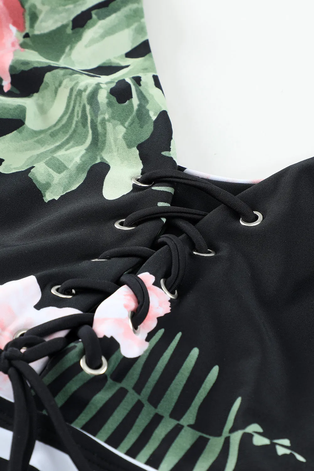 Black Floral Striped Lace-up One-Piece Swimsuit