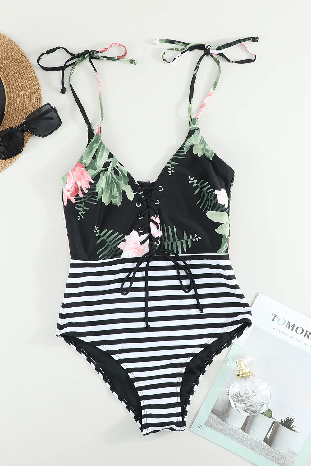 Black Floral Striped Lace-up One-Piece Swimsuit