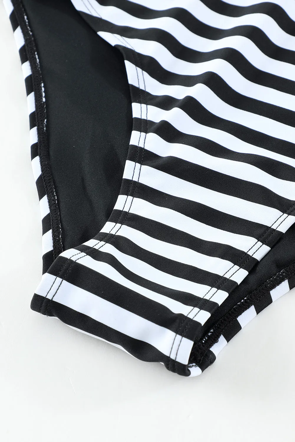 Black Floral Striped Lace-up One-Piece Swimsuit