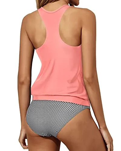 Blouson Two Piece Bathing Suits Tummy Control Tankini Swimsuits Women-Coral Pink Stripe