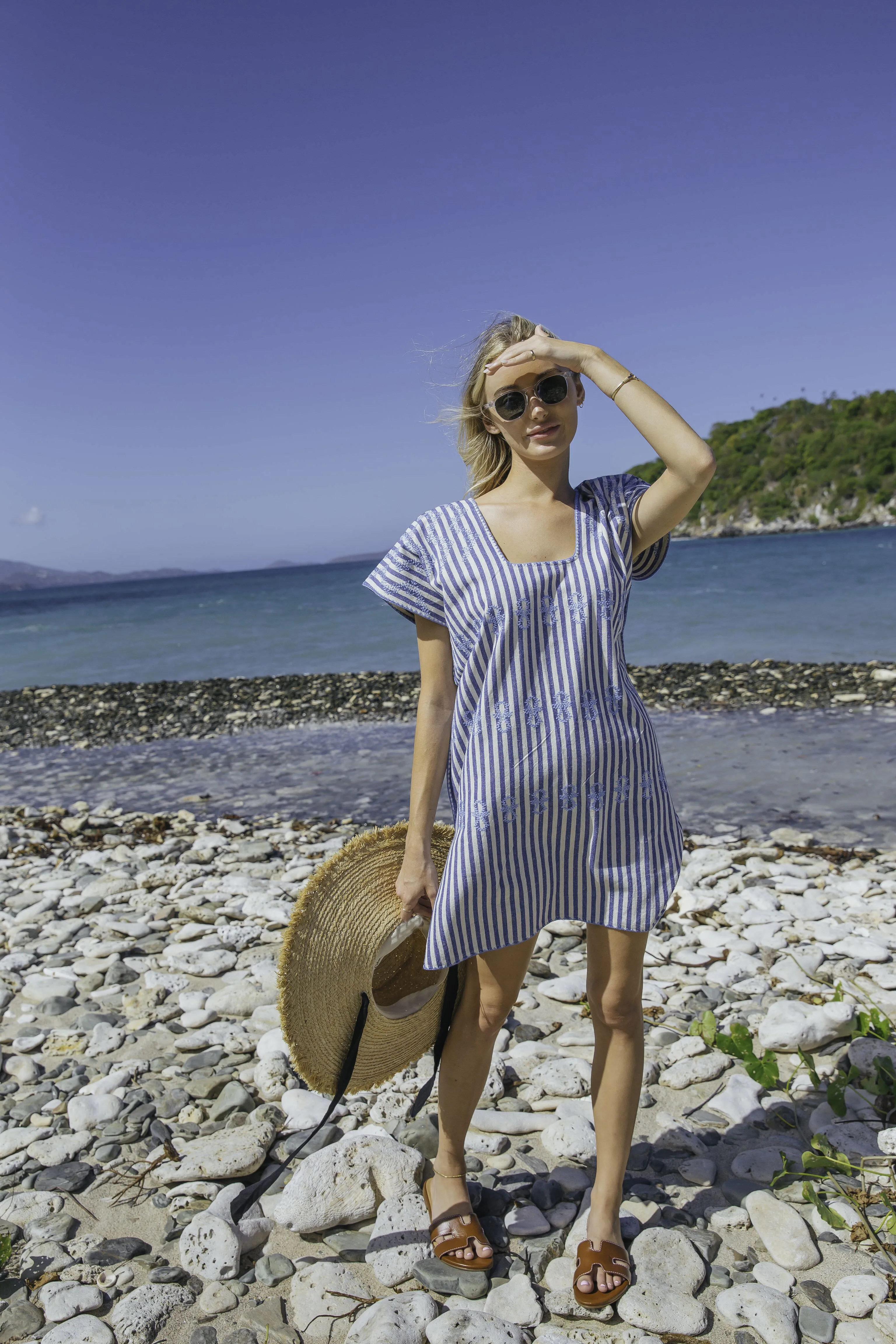 Blue Stripe Mini Sullivan Embroidered Canvas Caftan