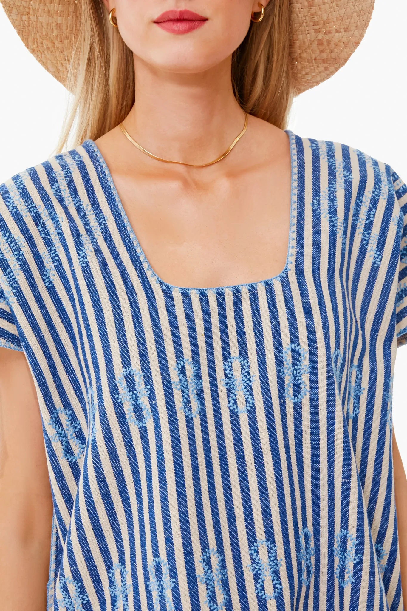 Blue Stripe Mini Sullivan Embroidered Canvas Caftan