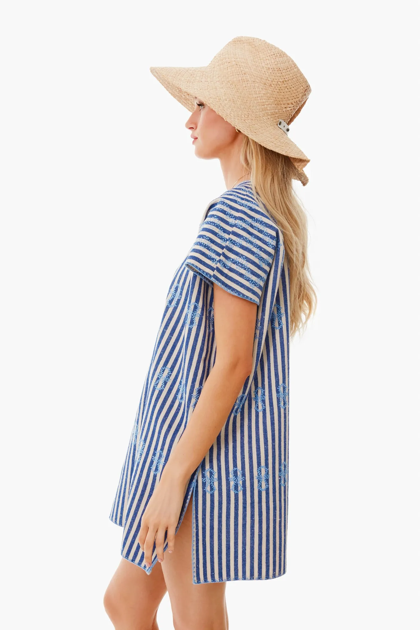 Blue Stripe Mini Sullivan Embroidered Canvas Caftan