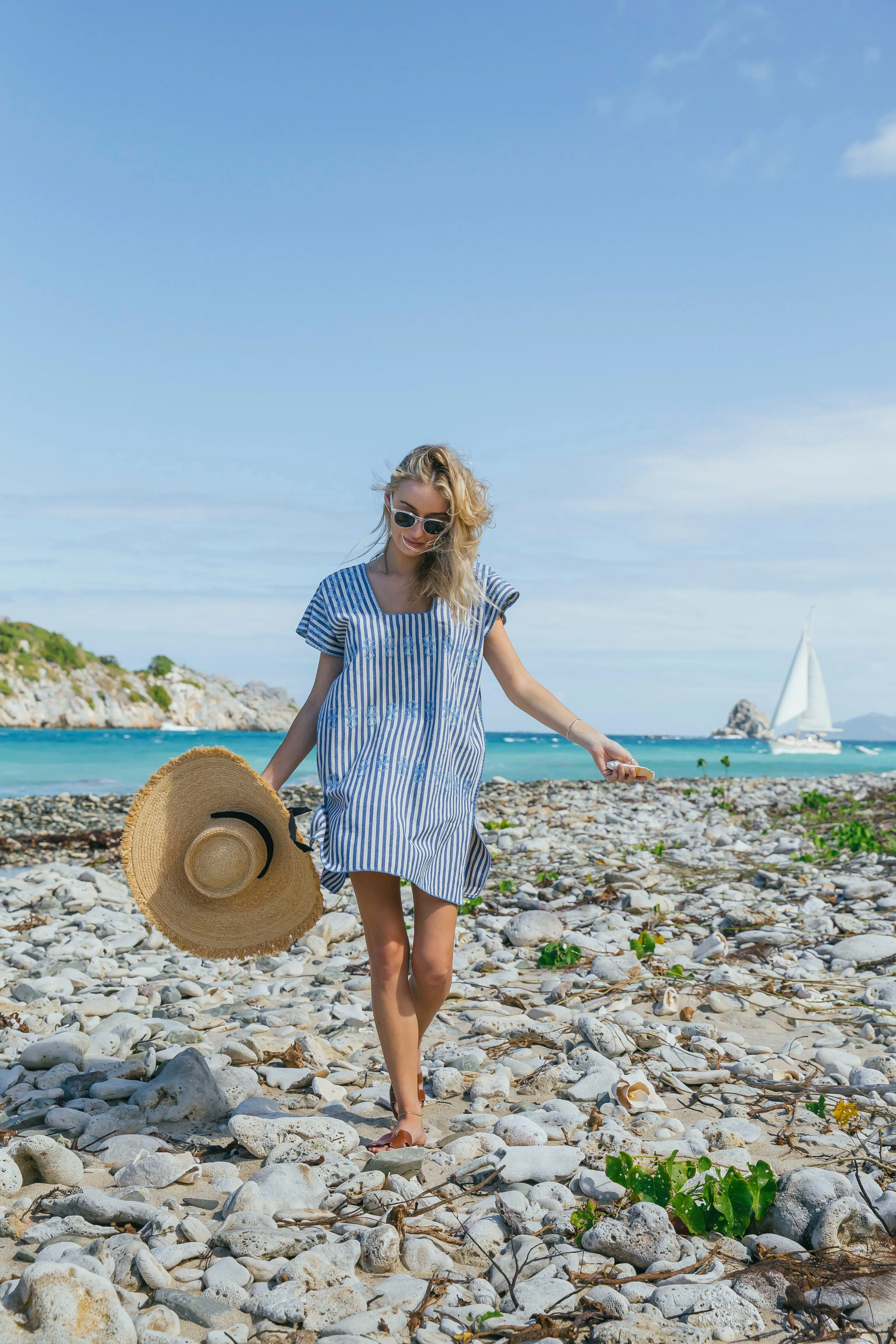 Blue Stripe Mini Sullivan Embroidered Canvas Caftan