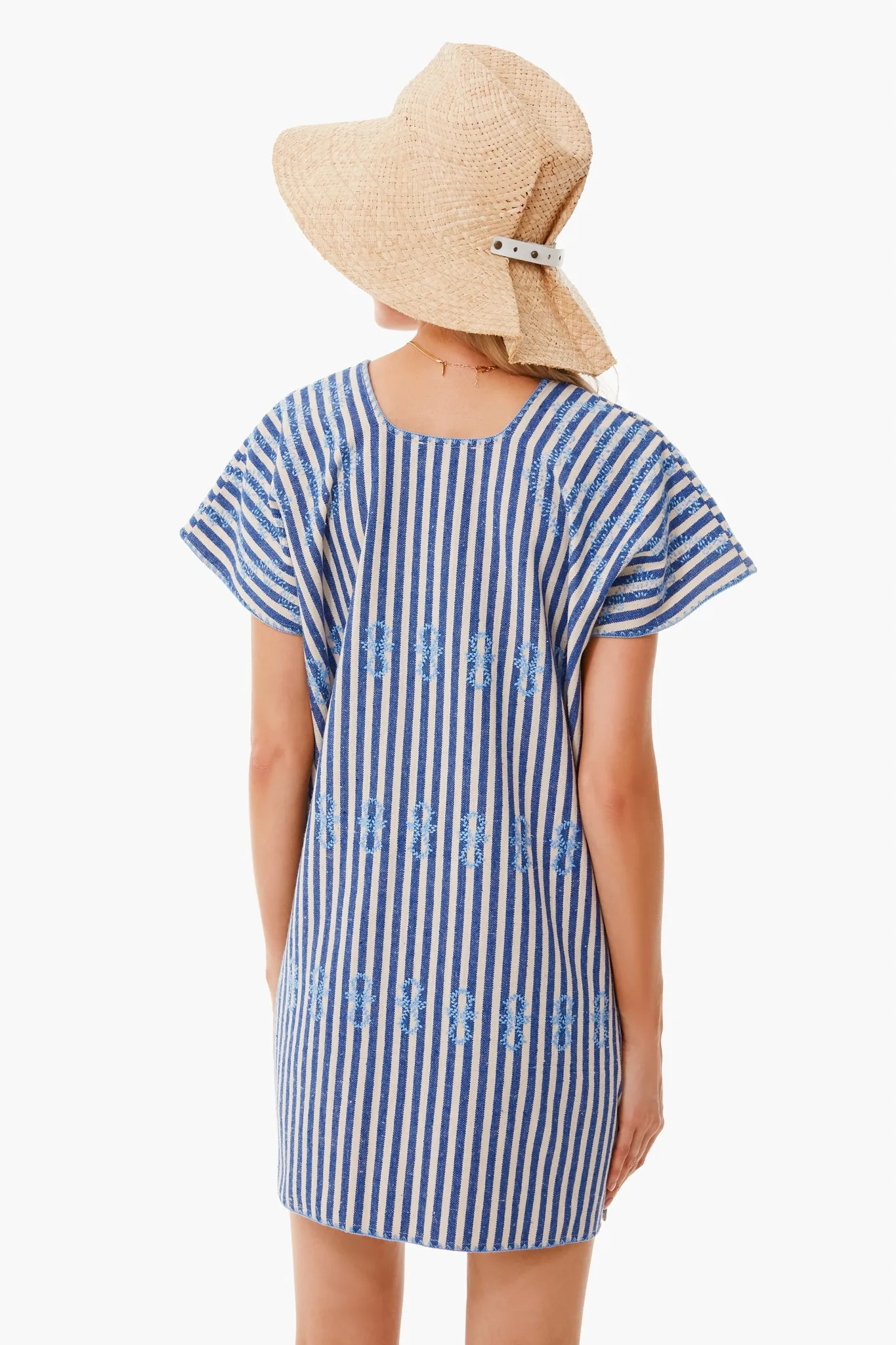 Blue Stripe Mini Sullivan Embroidered Canvas Caftan