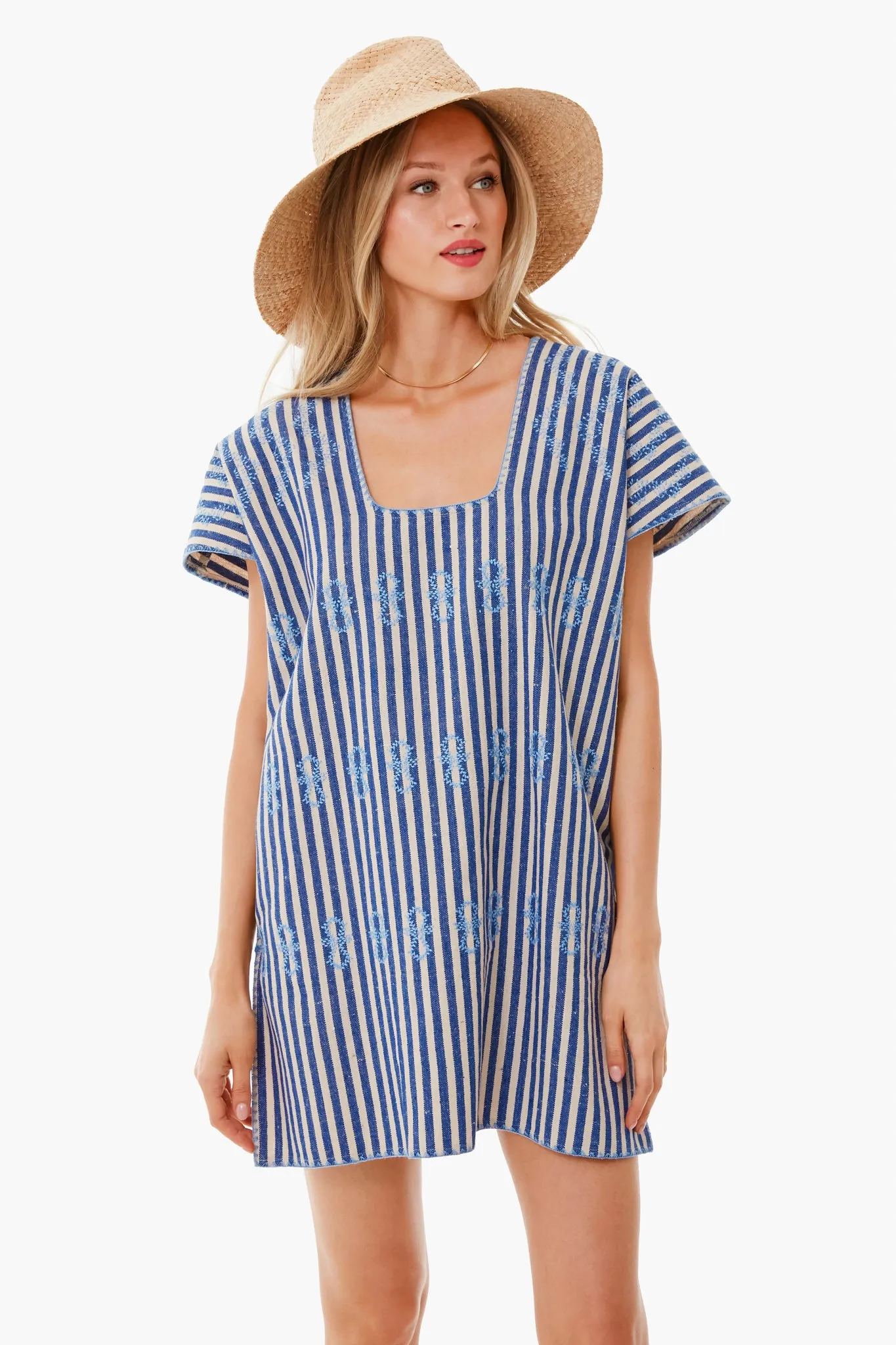 Blue Stripe Mini Sullivan Embroidered Canvas Caftan