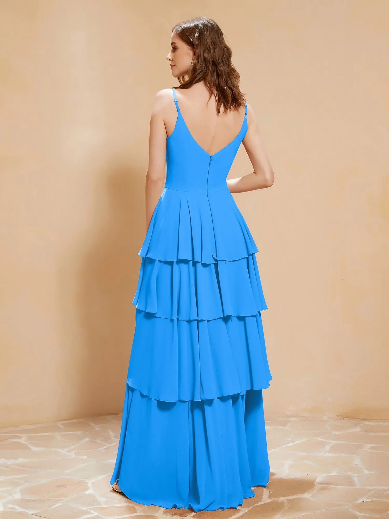 Boho V-neck Floor-length Dress Flowy Ruffles Ocean Blue Plus Size