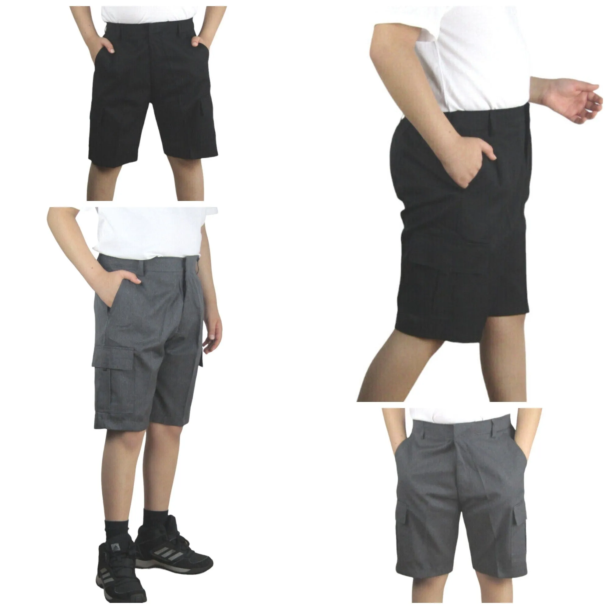 Boys Grey Or Black 4 Pockets School Shorts Hook & Half Elastic Zip School Shorts