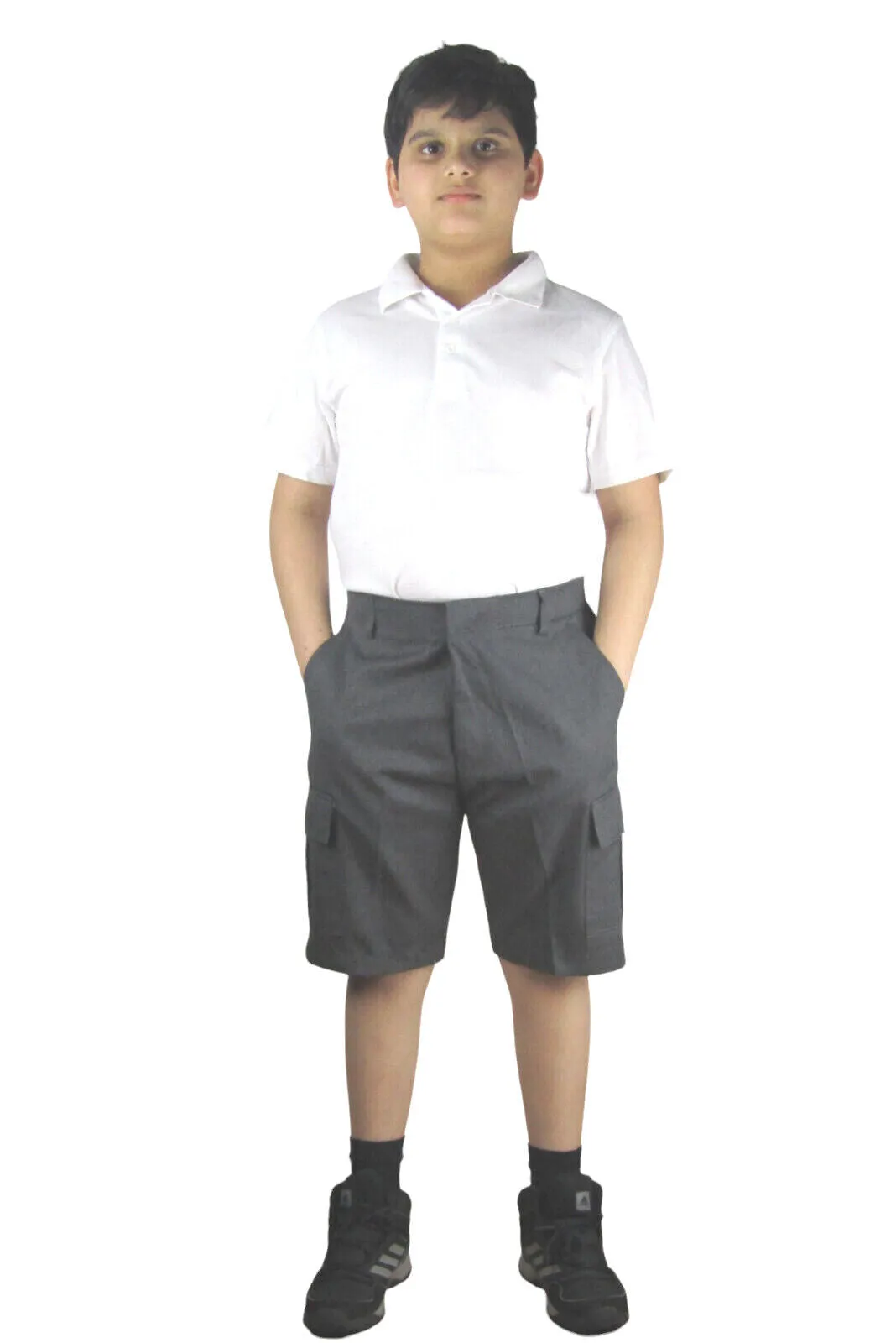 Boys Grey Or Black 4 Pockets School Shorts Hook & Half Elastic Zip School Shorts