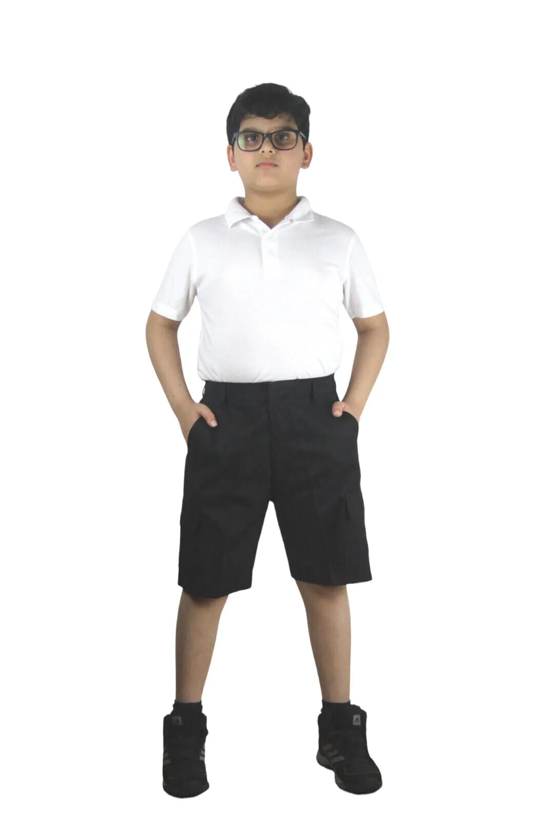 Boys Grey Or Black 4 Pockets School Shorts Hook & Half Elastic Zip School Shorts