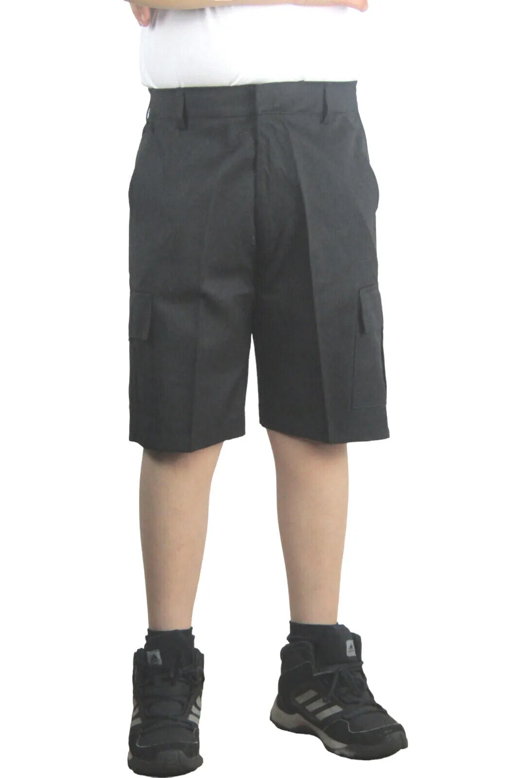 Boys Grey Or Black 4 Pockets School Shorts Hook & Half Elastic Zip School Shorts