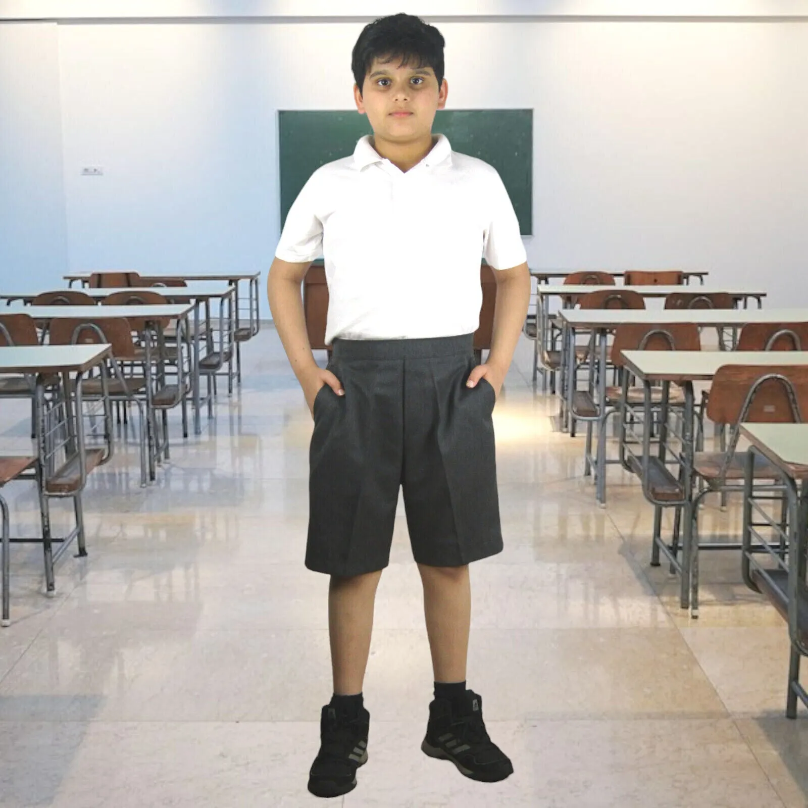 Boys Grey Or Black 4 Pockets School Shorts Hook & Half Elastic Zip School Shorts