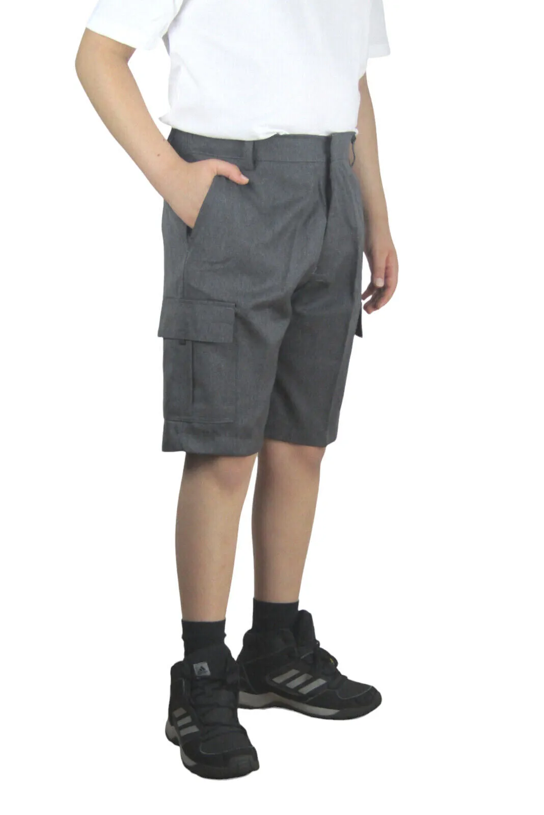 Boys Grey Or Black 4 Pockets School Shorts Hook & Half Elastic Zip School Shorts