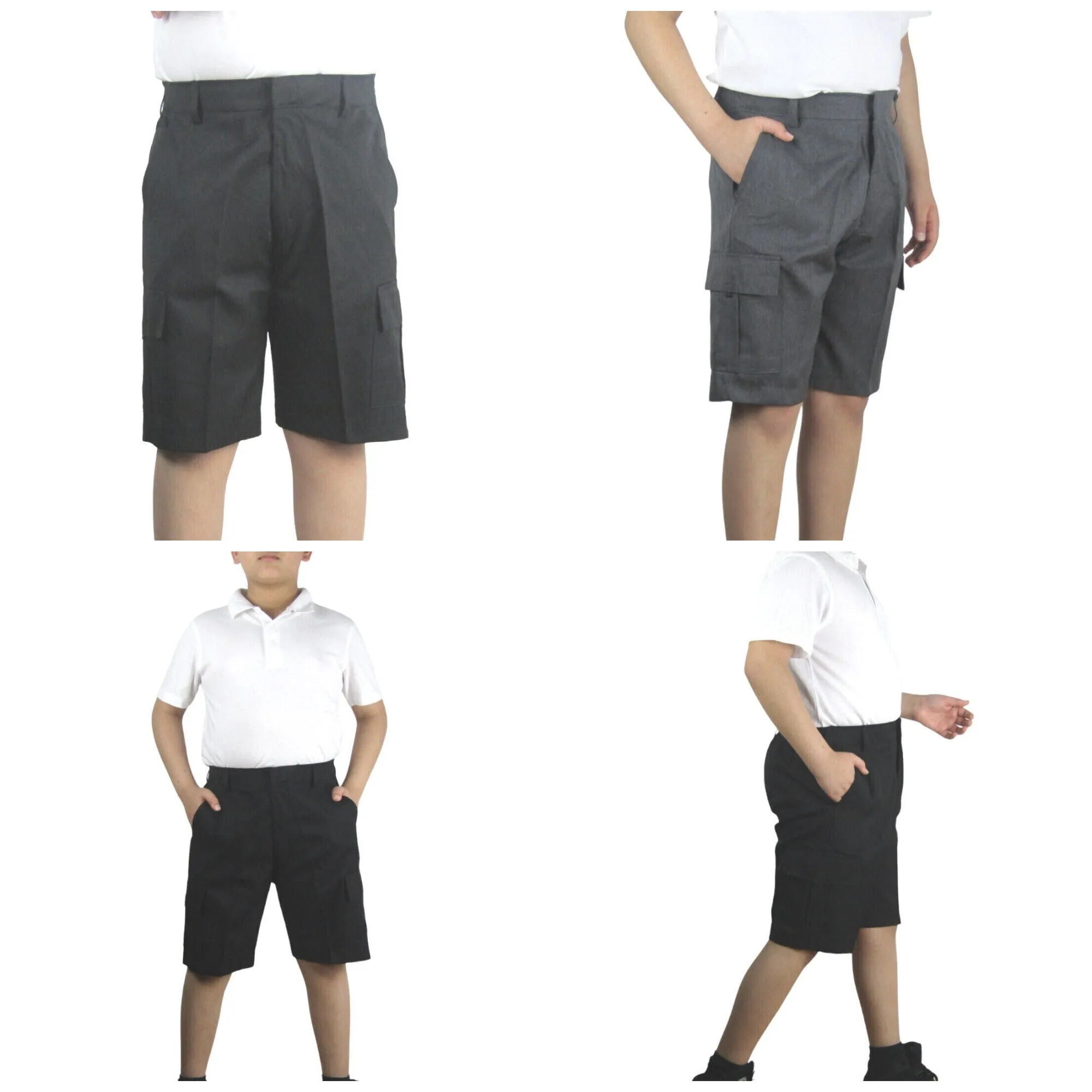 Boys Grey Or Black 4 Pockets School Shorts Hook & Half Elastic Zip School Shorts