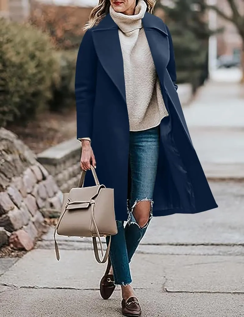BZB Women's Long Wool Blend Pea Coat Winter Casual Overcoat Notched Lapel Collar Trench Coat Belted Long Jacket Outerwear