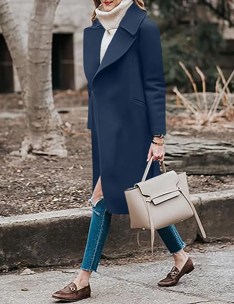 BZB Women's Long Wool Blend Pea Coat Winter Casual Overcoat Notched Lapel Collar Trench Coat Belted Long Jacket Outerwear