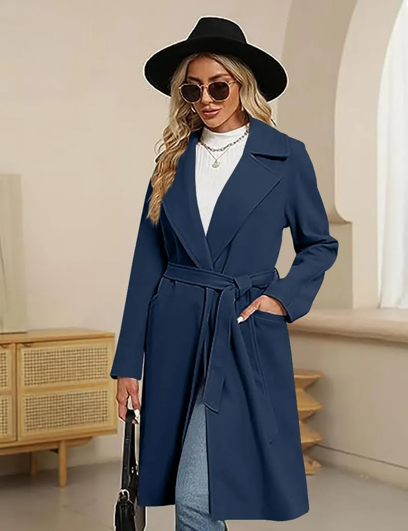 BZB Women's Long Wool Blend Pea Coat Winter Casual Overcoat Notched Lapel Collar Trench Coat Belted Long Jacket Outerwear