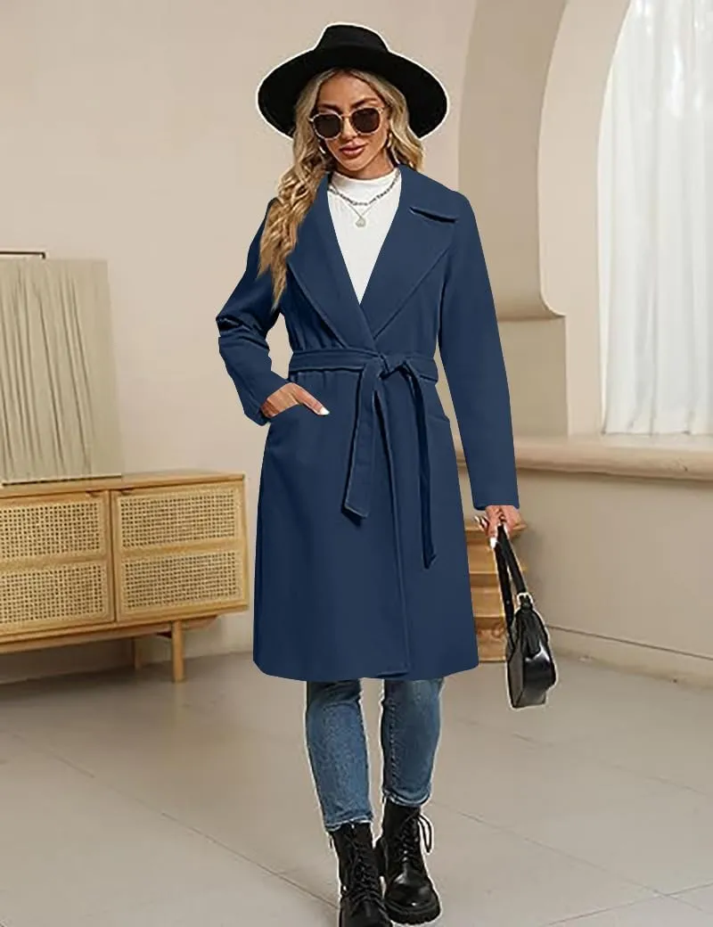 BZB Women's Long Wool Blend Pea Coat Winter Casual Overcoat Notched Lapel Collar Trench Coat Belted Long Jacket Outerwear